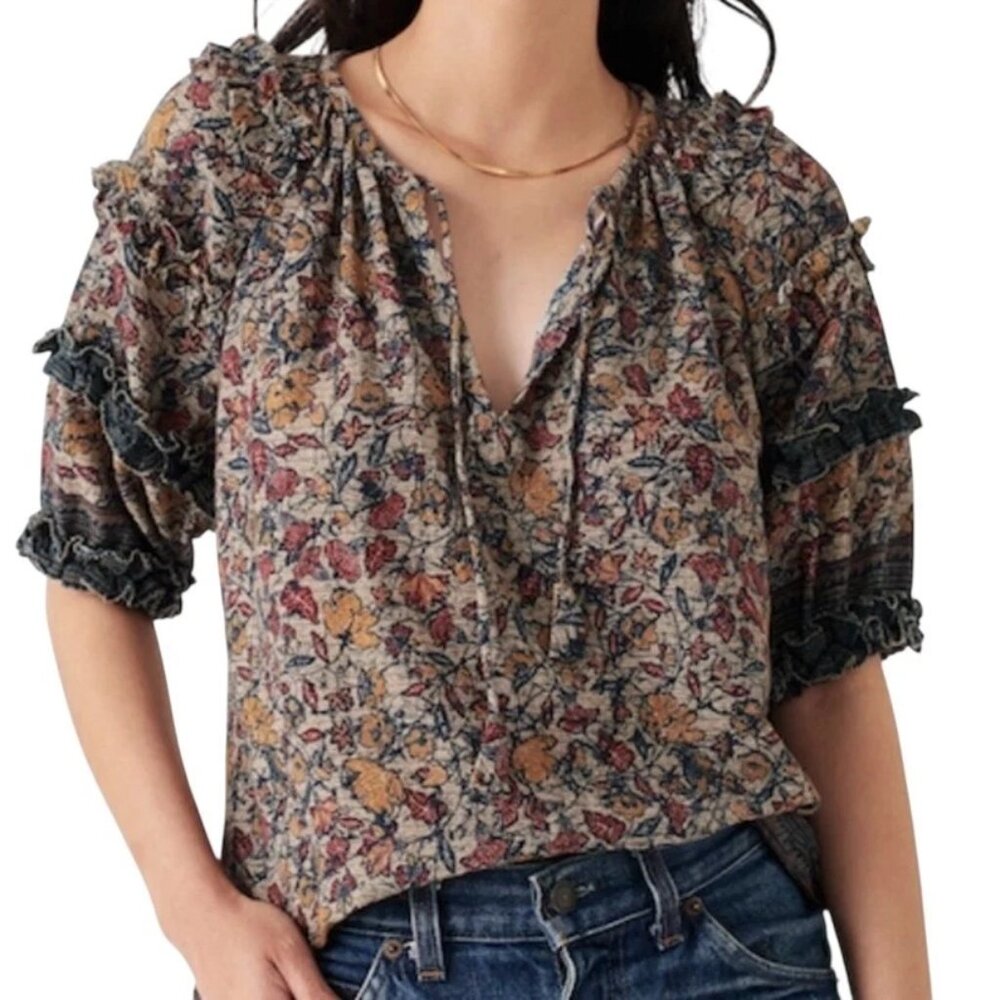 Faherty B. Yellowtail Womens Floral Ruffle Trim Bodhi Top Blouse Size L  NEW